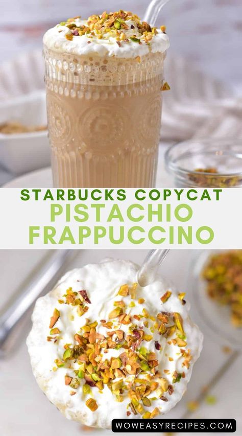 Copycat Starbucks Pistachio Frappuccino Pistachio Frappuccino, Pistachio Drink, Starbucks Frappuccino Recipe, Peach Upside Down Cake, Drink At Home, Frappuccino Recipe, Copycat Starbucks, Starbucks Coffee Drinks, Copycat Starbucks Recipes