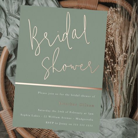 Bridal Shower Rose Gold, Rose Gold Foil Invitations, Green Bridal Showers, Rose Gold Bridal Shower, Gold Foil Invitation, Shower Rose, Modern Bridal Shower, Elegant Bridal Shower, Sage Green Wedding