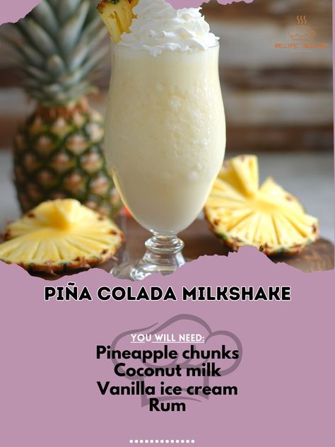 Tropical bliss in a glass! This Piña Colada Milkshake will take your taste buds on a sweet island escape! 🌴🍹 #TropicalFlavors #MilkshakeLovers Piña Colada Milkshake Ingredients: Pineapple chunks (1 cup) Coconut milk (1/2 cup) Vanilla ice cream (2 scoops) Rum (1 oz) Ice cubes (as needed) Whipped cream and cherry (for garnish) Instructions: Blend pineapple, coconut milk, ice cream, and rum until smooth. Pour into a tall glass and garnish with whipped cream and a cherry. 🍍🥥 Escape to paradis... Pineapple Milkshake, Herbalife Pina Colada Shake Recipes, Tropical Milkshake, Pineapple Coconut Milk Drink, Pf Changs Ice Cream Pineapple Coconut, Vanilla Ice Cream, Pina Colada, Taste Buds, Coconut Milk