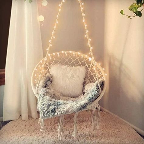 A hammock chair with lights because spring cleaning means upgrading your living room and hanging a cute, snuggly hammock chair next to your coffee table. Bedroom Hammock Chair, Hammock In Bedroom, Purple Girl, Hanging Hammock Chair, Room Aesthetics, Hanging Hammock, Outdoor Bedroom, Inspire Me Home Decor, Hammock Chair