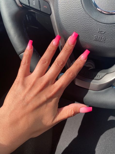 Matte Pink Nails With Glossy Tips, Neon Pink Ombre Nails Short, Medium Length Coffin Acrylic Nails Pink, Pink Ombré Acrylic Nails, Neon Pink Ombre Nails, Neon Pink Nails Design, Vacation Nails Pink, Vacation Nails Coffin, Pink Vacation Nails