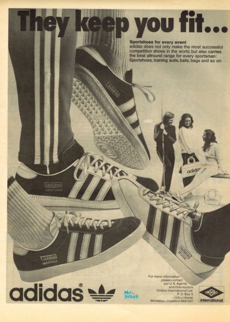 Wonderful Adidas period advertising from the 70's showing Gazelles, Jaguar and Buda Adidas Wall Prints, Vintage Adidas Aesthetic, Adidas Advertising Poster, Adidas Ads Advertising, Adidas Print Design, Adidas Vintage Poster, 70s Design Graphic, Adidas Poster Design, Posters Adidas