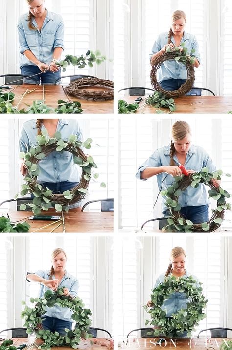 Get step by step instructions to make your own gorgeous faux eucalyptus wreath that looks like the real thing! #diywreath #eucalyptus #maisondepax Eucalyptus Wreaths For Front Door, What To Do With Eucalyptus, Diy Eucalyptus Wreath, Eucalyptus Wreath Diy, Door Reefs, Fall Yarn Wreaths, Diy Eucalyptus, Fall Wreath Tutorial, Wreath Eucalyptus