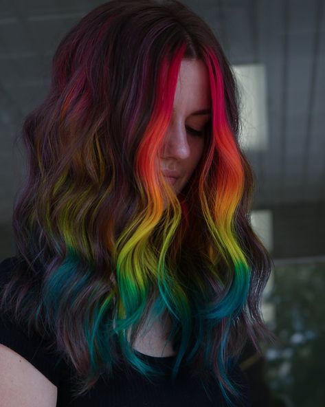 Danger Jones | @thegreenhairedstylist leveling up the night with this lush rainbow using Danger Jones. #rainbowhair #coloredhairgoals | Instagram Rainbow Money Piece Hair, Rainbow Peekaboo Hair, Peekaboo Hair, Leveling Up, Rainbow Hair, Hair Goals, Hair Ideas, Lush, Hair Makeup