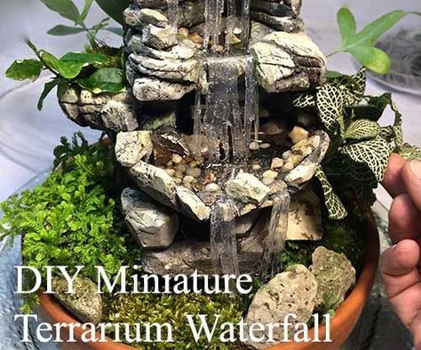 Who says you can't enjoy a beautiful waterfall indoors?! This miniature faux one is easy to make and perfect for terrarium gardens. Look into the realistic 'ponds'... Terrarium Waterfall, Water Terrarium, Diy Waterfall, Mini Waterfall, Rock Fountain, Taman Air, Diy Water Fountain, Miniature Terrarium, Air Mancur