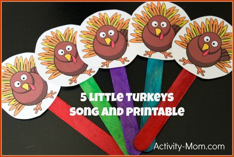 Download and print the 5 Little Turkeys Printable. Cut out the turkeys and glue them to craft sticks or plastic spoons. Use your puppets to sing or tell 5 Little Turkeys, Five Little Turkeys, Turkey Songs, Turkey Theme, Thanksgiving Music, Thanksgiving Songs, Thanksgiving Lessons, November Activities, Thanksgiving Activities For Kids