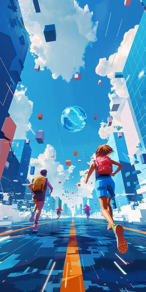 The image shows a group of people running down a city street. The people are all wearing casual clothes and carrying backpacks ->> more details in ai-img-gen.com Urban Running, Person Running, Running Friends, Bike Poster, City People, A Group Of People, Tall Buildings, People Running, Group Of People