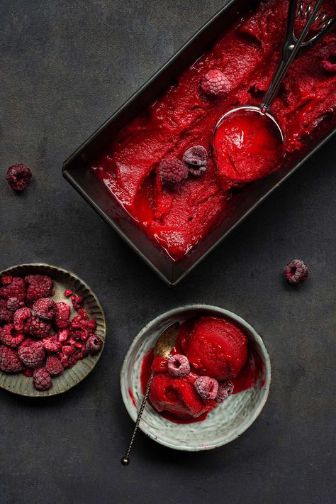 Raspberry Sorbet Aesthetic, Sorbet Aesthetic, Raspberry Drink, Ice Cream Photography, Berry Sorbet, Berry Recipes, Dark Food Photography, Diy Ice Cream, Ice Cream At Home