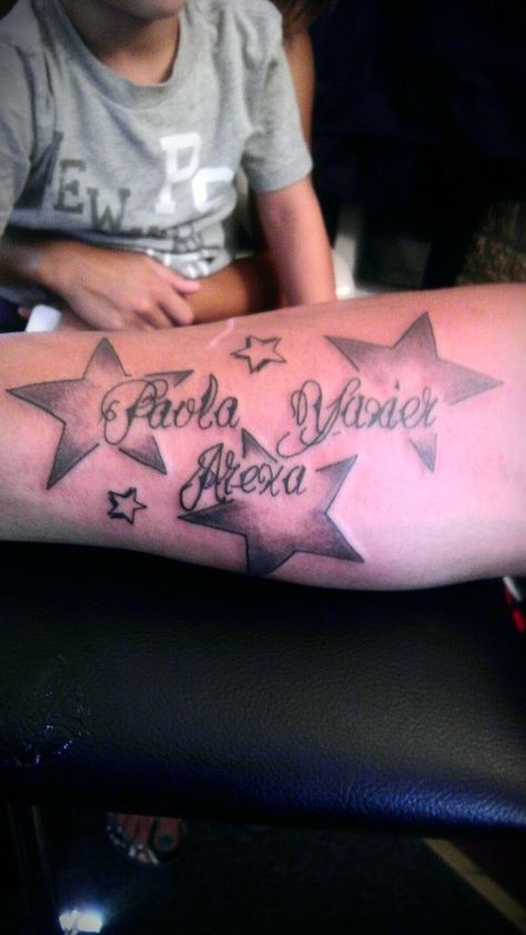 Star Tattoos wth kids names | name with star 3 – Tattoo Picture at CheckoutMyInk.com Name With Stars Tattoo, Star Tattoo With Names, Name Tattoos With Stars, Watercolor Sleeve, Star Foot Tattoos, Tattoo Stars, Name Style, Tattoos With Kids Names, Star Tattoo Designs