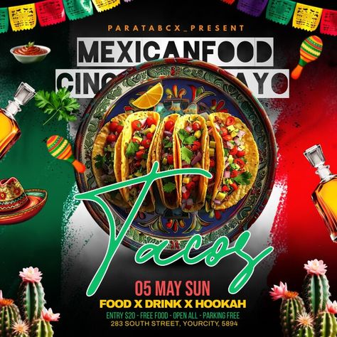 Tacos Mexican Food Flyer For Cinco De mayo | PosterMyWall Linkedin Background Image, Food Flyer, Linkedin Background, Kindle Book Cover, Etsy Banner, Blog Header, Facebook Event, Event Promotion, Instagram Creative