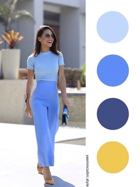 Now Trending Outfits 2023, Pop Of Color Office Outfits, Combo Outfits Women, Color Blocking Outfits Pastel, Color Block Work Outfits, Cerulean Blue Outfit Color Combos, Cornflower Blue Pants Outfit, Colors That Go With Yellow Clothes, Unexpected Color Combinations Outfits