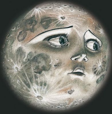 Leha van Kommer Sun And Moon Face Drawing, Old Moon Drawing, Moon Drawing Face, Moon As A Person, Moon Personified, Creepy Sun, Moon Face Art, Scary Moon, Moon With Face