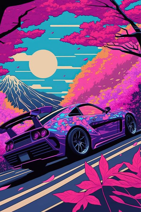 Mount Fuji, Japanese, Mountain, Cherry Blossom, JDM Sports Car, Tokyo Japan Aesthetic, Ukiyo-e Art, Anime Style, Japanese Wallpaper, Japanese Aesthetic Wallpaper, Holographic Art, Psychedelic Art, Dreamwave, Synthwave, Vaporwave, Retro Wave, Outrun, 90s Anime Aesthetic, Trippy Art, Trippy, Surreal, Surrealism, Dream, Dreamland, Subconscious, Imagination, Fantasy, Visionary, Otherworldly, Abstract, Absurd, Enigmatic, Bizarre, Visionary Art, Dreamscape, Fantasy Art, Surreal Landscape, Abstract Lan Anime Car Aesthetic, Dreamwave Aesthetic, 90s Japanese Anime, Mt Fiji, Japanese Anime Aesthetic, Arte Viking, Modern Anime, Car Journey, Japanese Wallpaper