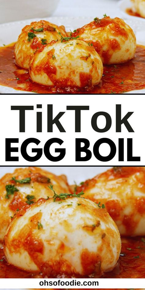 Text reads TikTok Egg Boil Recipe - So Easy! Best Garlic Butter, Egg Boil, Sauteed Greens, Vegetarian Chicken, Boiled Food, Easy Brunch Recipes, Plantains Fried, Easy Lunch Recipes, Easy Eggs