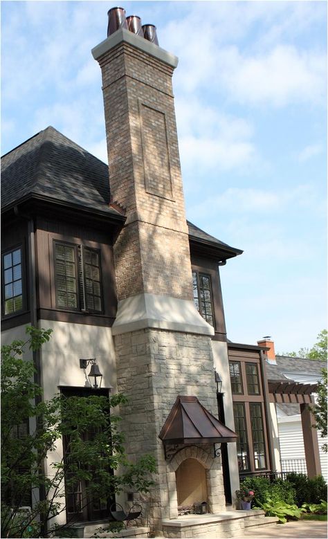 Brick Chimney Exterior, Chimney Styles, Exterior Chimney Ideas, Outside Chimney, Exterior Chimney, Tudor House Exterior, French Provincial Home, Chimney Design, Stone Chimney