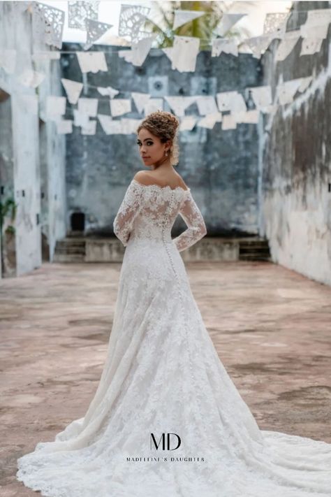 A-line wedding dress C658 by designer Allure Couture is an off the shoulder long sleeve wedding dress covered with lace. Allure Bridal Couture, Allure Couture, Nature Dress, Wedding Dress Sizes, Allure Bridal, Wedding Dress Couture, Bridal Beauty, Couture Gowns, Designer Wedding