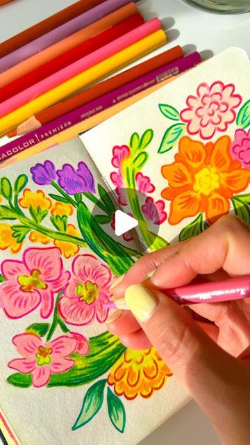 Floral Drawing Sketchbooks, Pencil Colors Drawings, Color Pencil Flowers, Colored Pencil Doodles, Colorful Drawing, 2024 Color, Drawing Sketchbook, Doodle Coloring, Floral Drawing