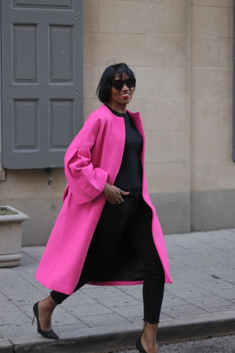 Black And Pink Aesthetic Outfit, Pink Coat Outfit Winter, Hot Pink Coat, Pink Coat Outfit, Pink Winter Coat, Mood Sewciety, Pink Trench Coat, Coat Closet, Pink Winter