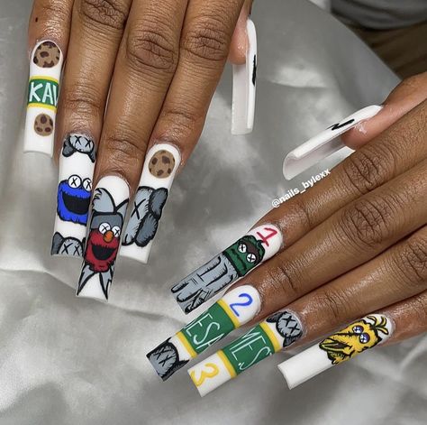 Kaws Nails Purple, Bape Nails, White Acrylic Nails With Glitter, Cookie Monster Nails, Kaws Nails, Sneaker Nails, Hard Nails, Drip Nails, Long Nail Designs