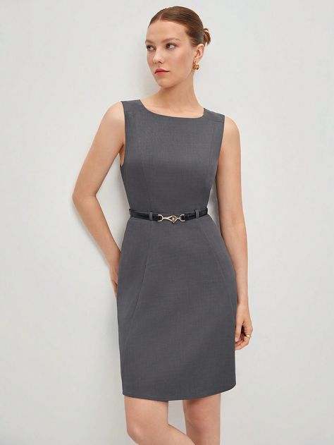 SHEIN BIZwear Zipper Back Flare Hem Dress Without BeltI discovered amazing products on SHEIN.com, come check them out! Everyday Fashion Outfits, Belt Design, Grey Women, Hem Dress, Women Dresses, Amazing Products, Women Clothing, Everyday Fashion, Woven Fabric