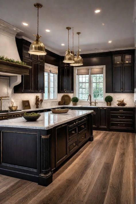 Warm and inviting kitchen featuring classic dark wood cabinets with vintage charm Dark Cabinets With Light Floors, Above Cabinet Lighting, Black And White Kitchen Ideas, Dark Brown Kitchen Cabinets, Traditional Kitchen Cabinets, Espresso Kitchen Cabinets, Paint Room, Inviting Kitchen, Espresso Kitchen