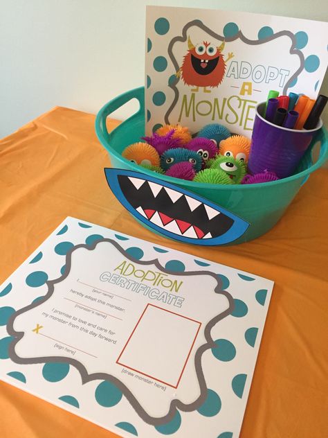 Monsters Inc Games Party Ideas, Adopt A Monster Party Favor, Monster Party Activities, Monsters Inc Birthday Party Activities, Monsters Inc University Party, Monster Inc Party Games, Monster Ink Party, Monsters Inc Food Ideas, Monsters Inc Theme Party