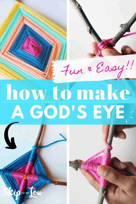 The yarn God's Eye is a longtime favorite kids camp crafts. It is called God's eye for the Eye of God. In Spanish, Ojo de Dios.  It is a weaving usually made with wood and many different colors of yarn. #kidscrafts Kids Camp Crafts, God's Eye Craft, Summer Camp Art, Palm Sunday Crafts, Camping Crafts For Kids, Yarn Crafts For Kids, Eye Of God, God's Eye, Camp Crafts