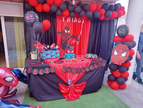 Spider Verse Birthday Party Ideas, Miles Morales Decor, Miles Birthday Party, Miles Morales Centerpieces, Miles Morales Party Favors, Spin Spiderman Birthday Party, Miles Morales Spiderman Birthday Party, Miles Morales Birthday Party Decorations, Miles Morales Party Ideas