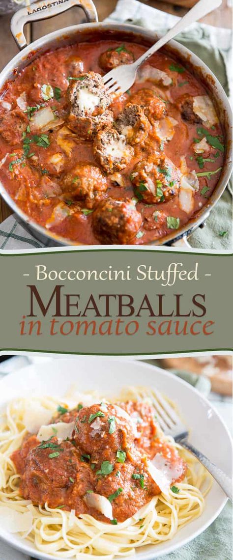 Bocconcini Stuffed Meatballs | thehealthyfoodie.com Tomato Sauce For Meatballs, Meatballs In Tomato Sauce, Stuffed Meatballs, Cheese Stuffed Meatballs, Easy Delicious Dinners, Christmas Meals, Veal Recipes, Pot Luck, Cheese Stuffed