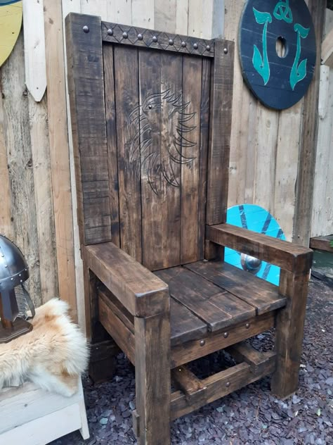 Viking Bench, Viking Chairs, Viking Chairs Diy, Viking Camp Furniture, Viking Chair Plans, Viking Camp, Rustic Wood Projects, Rustic Log Furniture Cabnet, Music Studio Room