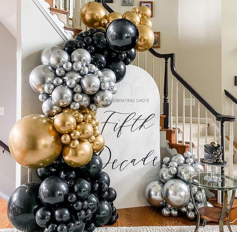 PRICES MAY VARY. Throw the Most Amazing Party:Elegant and sophisticated, our black, gold and silver balloon garland is the perfect backdrop for your birthday party, anniversary party, or graduation party. We can also picture this garland making a grand statement at your super chic Halloween party or New Years Eve bash! Quality You Can Actually Depend On: These gorgeous and luxurious balloons are made of latex, which is non-toxic and harmless. The balloons are durable and support helium or air. Y Black Gold Silver Party, Masculine Party, Black Balloon Garland, Black And Gold Balloons, Masquerade Theme, Black Balloon, Elegant Birthday Party, 50th Birthday Decorations, Garland Backdrops