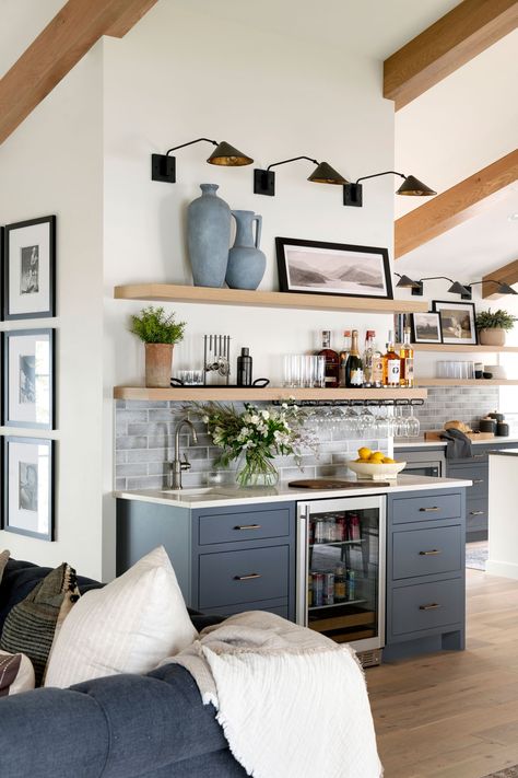 W. Point Remodel - Beach Style - Home Bar - Minneapolis - by Tays & Co Design Studios | Houzz Corner Bar Ideas For Home, Built In Bar In Living Room, Bar In Living Room, Kitchen Wet Bar, Condo Living Room, Coffee Bar Home, Dry Bar, House Furniture Design, Condo Living