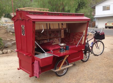 micro-gypsy caravan with outdoor galley set up. sink, stove, table/counter. - To connect with us, and our community of people from Australia and around the world, learning how to live large in small places, visit us at www.Facebook.com/TinyHousesAustralia or at www.tumblr.com/blog/tinyhousesaustralia  . Bicycle Trailers, Modern Bicycle, Bicycle Camping, Cart Design, Tiny Living Space, Bicycle Trailer, Bike Camping, Bike Trailer, Camper Caravan