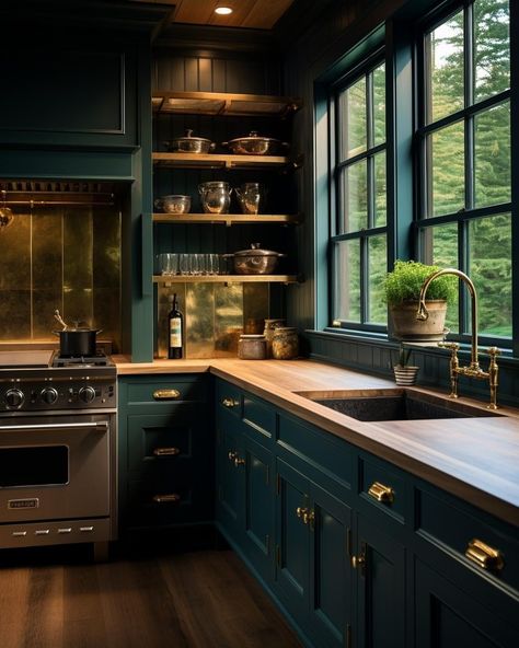 Black And Emerald Kitchen, Floor Cabinet Counter Combinations, Moody Blue Kitchen, Dark Green And Wood Kitchen, Kitchen Interior Dark Green, Dark Green And Marble Kitchen, Black And Green Kitchen, Emerald Green Kitchen, Dark Wood Kitchen Cabinets Green Backsplash