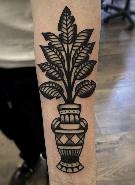 Traditional Tattoos Inner Arm, Black And Grey Old School Tattoo, Plant Tattoo American Traditional, Black And Gray American Traditional Tattoos, Traditional Tattoos Plants, Monstera Tattoo Traditional, American Traditional Leaves, Black And White Traditional Tattoo Women, Black And White American Traditional Tattoo