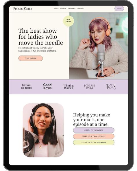 Need a new website for your podcast? Check out this easy-to-edit podcast template available for Showit or Squarespace! It Mindfulness Website Design, Podcast Website Design Inspiration, Podcast Website Design, Colourful Website, Retro Website, Yoga Web, Podcast Branding, Clean Websites, Podcast Template