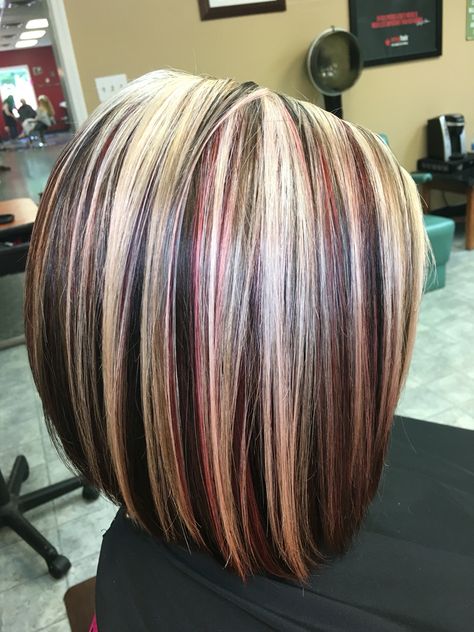 Highlights ,blonde ,red,and brown hair by Victoria Sylvis Fall Peekaboo Highlights, Summer 2024 Hair Highlights, Latest Hair Color Trends, Highlight Inspiration, Red And Blonde, Red Blonde, Chunky Highlights, Blonde Highlight, Highlights Blonde