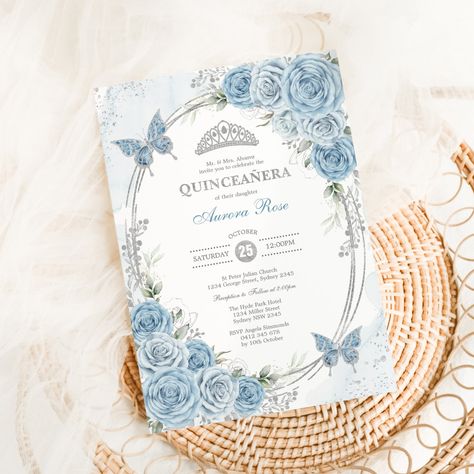 Dusty Blue Silver Quinceanera 15th Birthday Party Invitation Blue Silver Quinceanera, Aurora Rose, Butterfly Invitations, Floral Birthday Invitations, Sweet Sixteen Invitations, Modern Birthday, Sixteenth Birthday, Floral Birthday, Sweet 16 Invitations