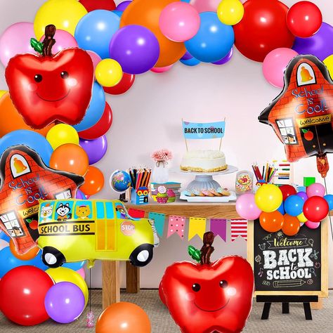 AWESOME Back to School Balloon Garland Arch Kit!!  Make going back to school special!! School Balloon Garland, Back To School Balloon Garland, Classroom Party Decorations, School Bus House, Party Eyes, Bus House, Back To School Party, Garland Arch, Red Foil