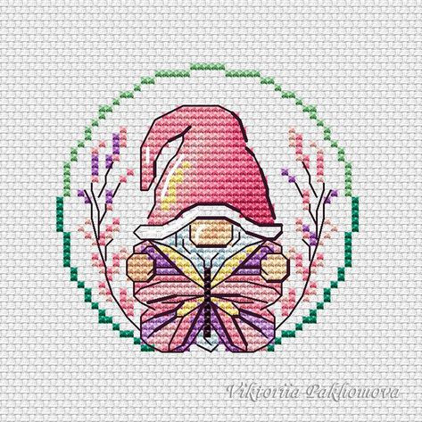 Free Cross Stitch Patterns Gnomes, Gnome Christmas Cross Stitch Pattern, Small Gnome Cross Stitch Pattern, Tapestry Diy, Gnome Cross Stitch Bookmark, Mini Tapestry, Butterfly Gnome, Flower Fairy Cross Stitch, Counted Cross Stitch Patterns Free