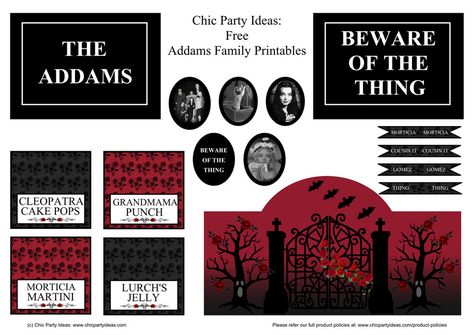 The Addams Family Free Printables - www.chicpartyideas.com.au Free Wednesday Addams Printables, Addams Family Free Printables, Diy Wednesday Addams Birthday, Wednesday Addams Party Food, Addams Family Halloween Party, Diy Wednesday Addams, Addams Family Party, Wednesday Addams Birthday Party, Chic Party Ideas