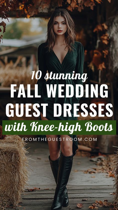 a woman wears a fall wedding guest dress with knee high boots Midi Dress With Boots Wedding Guest, Cocktail Dress With Tall Boots, Rehearsal Dinner Guest Outfits, Cocktail Dress With Boots, Dresses With Boots Fall, Country Wedding Guest Dress, November Wedding Guest Outfits, Fall Rehearsal Dinners, Chic Fall Wedding