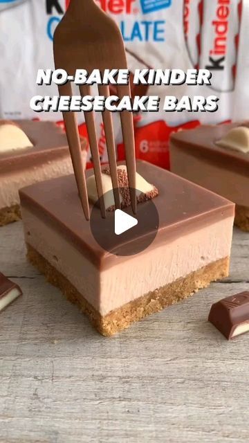 food enjoyers on Instagram: "NO-BAKE KINDER CHEESECAKE BARS😍😋

Sound on for full instructions🔊

All you need is:
Base:
250g Digestive biscuits, finely crushed
100g unsalted butter, melted

Filling:
500g cream cheese, room temp
150g Kinder chocolate, melted and cooled slightly
100g icing sugar

Topping:
200g Kinder chocolate
100ml double cream
9 Kinder Bueno chunks (optional)

Tin size: 8x8"

by @fitwafflekitchen
#easysnack #quickrecipe #quicksnack #easyrecipeideas #bakingaddiction #bakingideas 
#kinderchocolate #chocolatecakelover #easycake" Double Cream, Digestive Biscuits, Icing Sugar, Cheesecake Bars, Dee Dee, Easy Baking Recipes, Quick Snacks, Easy Cake, Easy Baking