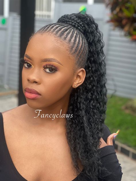 Cornrows With Ponytail Extensions, Blair Hairstyles, Small Lines Hairstyle, Small Lines Cornrows With Natural Hair, Natural Cornrows, Cornrows Ponytail, Feed In Braids Ponytail, Crochet Hair Styles Freetress, Hair Braid Designs