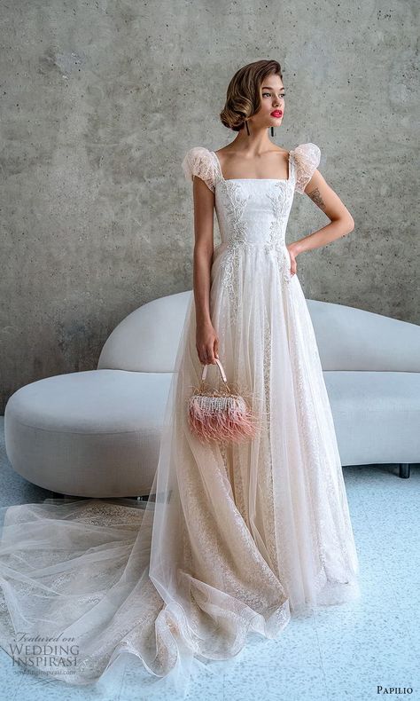 Spring 2022 Wedding Dress, A Line Wedding Dress Square Neck, Puff Sleeve Ball Gown, Wedding Dress Lace Square Neck, Wedding Dress Cap Sleeve, Puff Sleeve Wedding Dress Lace, Short Puffy Sleeve Wedding Dress, Square Neck Chiffon Wedding Dress, Wedding Dresses With Square Neckline