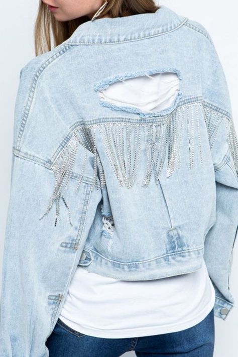 This distressed jean jacket features an oversized fit and rhinestone fringe. It is absolutely a must-have piece! Fringe Jean Jacket, Bling Jeans, Rhinestone Fringe, Ruffle Wedding Dress, Formal Cocktail Dress, Fringe Jacket, Distressed Denim Jacket, Plus Size Jumpsuit, Spring Outfits Women