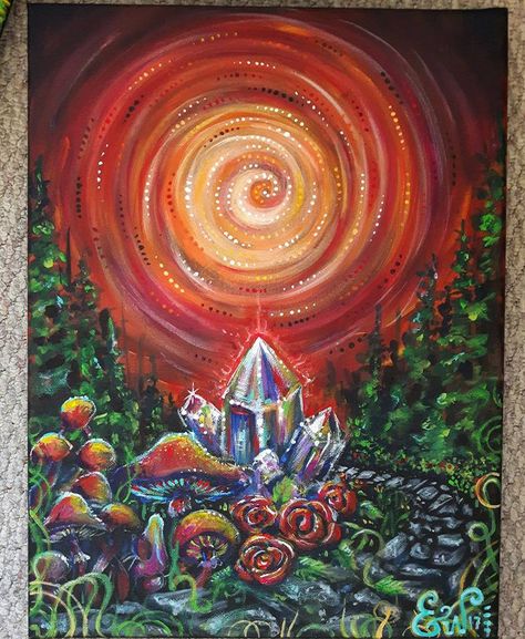 Trippy Landscape Art, Trippy Hippy Painting Ideas, Trippy Painting Ideas Creative, Mystical Paintings, Trippy Paintings, Crystal Painting, Magic Crystals, Psychadelic Art, Trippy Painting