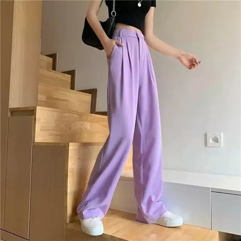 Women Back to office korean Lavender pants trouser Lavender Pants, Purple Suits, Casual Suit, Suit Pants, Slim Pants, Slim Waist, Straight Leg Pants, High Waisted Pants, Fashion Pants