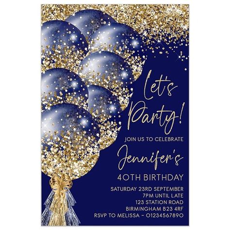 Personalised Birthday Party Invitations, Navy and Gold 18th 21st 30th 40th 50th 60th Invites any age | PACK OF 10 WITH ENVELOPES : Amazon.co.uk: Handmade Products Blue Gold Balloons, Balloons Birthday, Party Invitations Printable, Graphics Logo, Birthday Card Printable, Gold Balloons, Gold Birthday, Invitation Printable, Diy Template