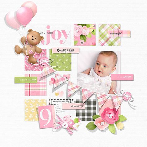 Baby Girl Digital Scrapbook Layout Idea - Project Idea - Scrapbook.com Scrapbook Bebe, Nitwit Collections, Cutest Babies Ever, Baby Mini Album, Scrapbook Design Layout, Baby Scrapbook Pages, Scrapbooking Layouts Baby